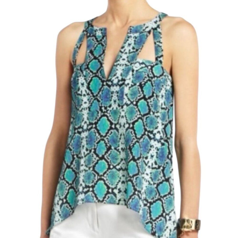 BCBG Maxazria Sleeveless Snake Sprint Lightweight Blue Green Black Blouse size L